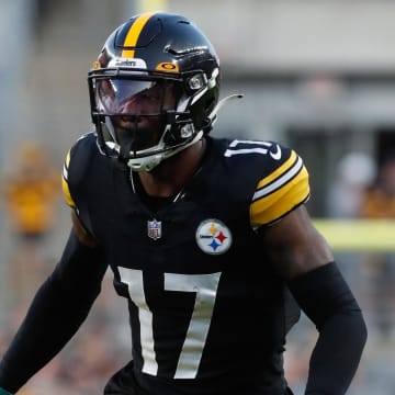 Aug 19, 2023; Pittsburgh, Pennsylvania, USA;  Pittsburgh Steelers safety Trenton Thompson (17) in pass coverage against the Buffalo Bills during the second quarter at Acrisure Stadium. Mandatory Credit: Charles LeClaire-USA TODAY Sports