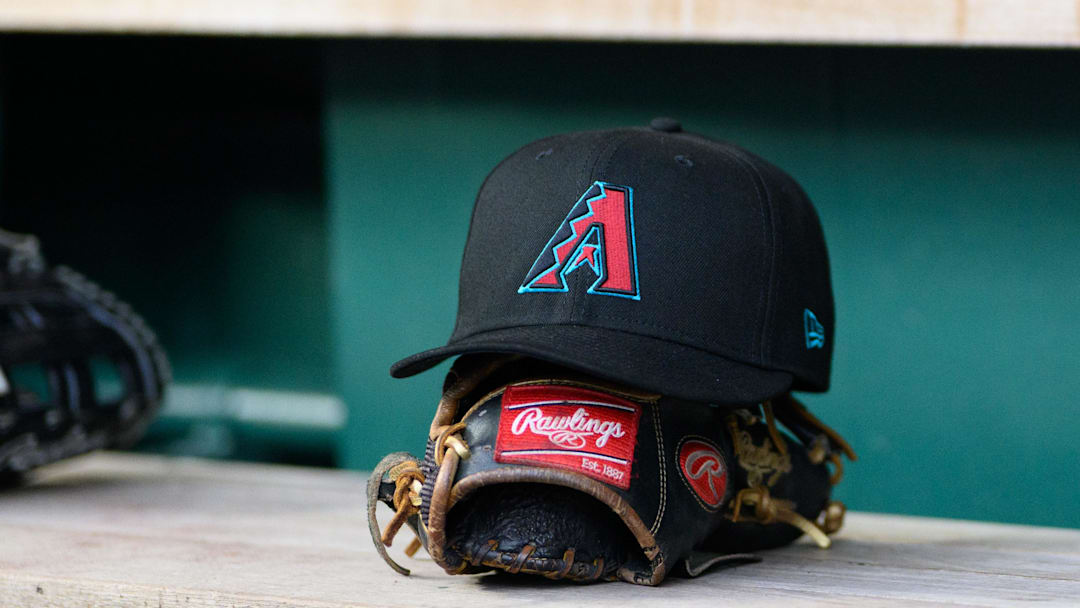 Apr 4, 2025; Washington, District of Columbia, USA; A detailed view of an Arizona Diamondbacks hat at the game between the Washington Nationals and the Arizona Diamondbacks at Nationals Park. Mandatory Credit: Reggie Hildred-Imagn Images