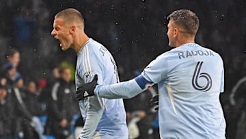 Mar 15, 2025; Kansas City, Kansas, USA;  Sporting Kansas City forward Dejan Joveljic (9) reacts after scoring a goal against Minnesota United in the second half at Children's Mercy Park. Mandatory Credit: Peter Aiken-Imagn Images