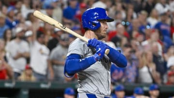 May 25, 2024; St. Louis, Missouri, USA;  Chicago Cubs center fielder Cody Bellinger (24) hits a one run single against the St. Louis Cardinals during the ninth inning at Busch Stadium. Mandatory Credit: Jeff Curry-USA TODAY Sports