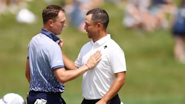 Justin Thomas and Xander Schauffele during the first round of the 2024 PGA Championship