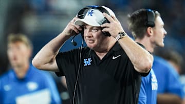 Kentucky Wildcats head football coach Mark Stoops on the sidelines during the game against Eastern Michigan at Kroger Field in Lexington, Kentucky Saturday, Sept. 13, 2025.