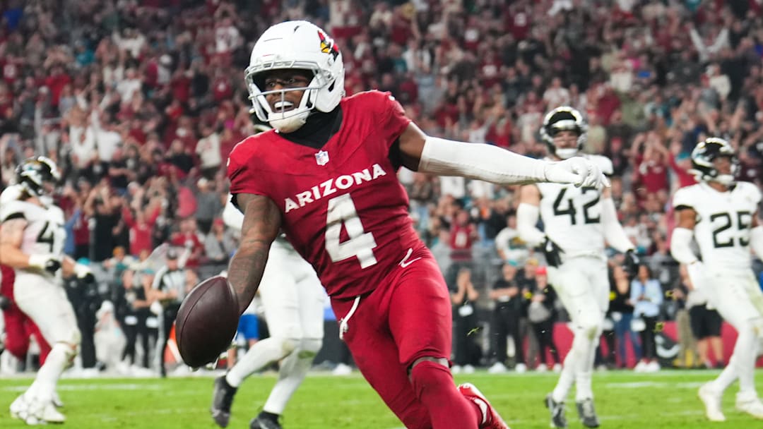 Former Arizona Cardinals wide receiver Greg Dortch (4) celebrates after scoring a touchdown against Jacksonville Jaguars