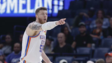 Oct 9, 2024; Oklahoma City, Oklahoma, USA; Oklahoma City Thunder center Isaiah Hartenstein (55) gestures after a play against the Houston Rockets during the second quarter at Paycom Center. Mandatory Credit: Alonzo Adams-Imagn Images