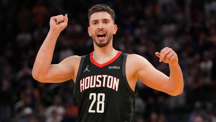 Apr 5, 2026; San Francisco, California, USA; Houston Rockets center Alperen Sengun (28) reacts after making a shot while being fouled against the Golden State Warriors in the fourth quarter at the Chase Center. Mandatory Credit: Cary Edmondson-Imagn Images