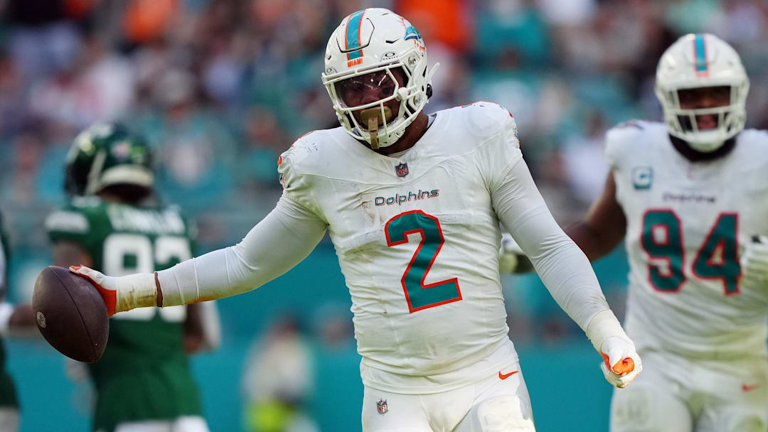 Miami Dolphins linebacker Bradley Chubb (2) celebrates after recovering a fumble during the second half against the New York Jets at Hard Rock Stadium.