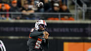 Nov 1, 2025; Corvallis, Oregon, USA; Oregon State Beavers quarterback Gabarri Johnson (5) throws a pass during the second half against the Washington State Cougars at Reser Stadium. Mandatory Credit: Craig Strobeck-Imagn Images