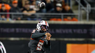 Nov 1, 2025; Corvallis, Oregon, USA; Oregon State Beavers quarterback Gabarri Johnson (5) throws a pass during the second half against the Washington State Cougars at Reser Stadium. Mandatory Credit: Craig Strobeck-Imagn Images