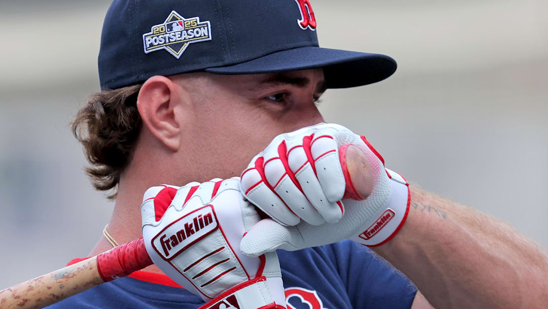 Sep 30, 2025; Bronx, New York, USA; Boston Red Sox first baseman Romy Gonzalez (23) takes batting practice before game one of the Wildcard round of the 2025 MLB playoffs against the New York Yankees at Yankee Stadium.