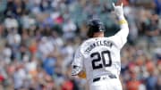 Sep 1, 2024; Detroit, Michigan, USA;  Detroit Tigers first base Spencer Torkelson (20) celebrates after he hits a two run home run in the fifth inning against the Boston Red Sox at Comerica Park. Mandatory Credit: Rick Osentoski-USA TODAY Sports