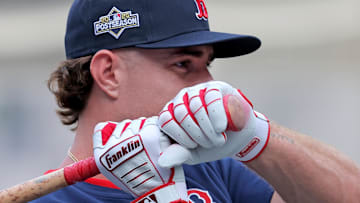 Sep 30, 2025; Bronx, New York, USA; Boston Red Sox first baseman Romy Gonzalez (23) takes batting practice before game one of the Wildcard round of the 2025 MLB playoffs against the New York Yankees at Yankee Stadium.