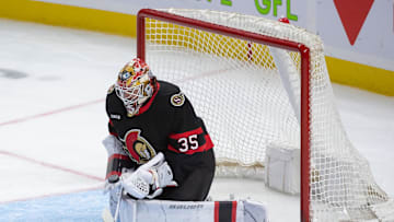 Oct 5, 2024; Ottawa, Ontario, CAN; Ottawa Senators goalie Linus Ullmark (35) makes a save in the third period against the Montreal Canadiens at the Canadian Tire Centre. Mandatory Credit: Marc DesRosiers-Imagn Images
