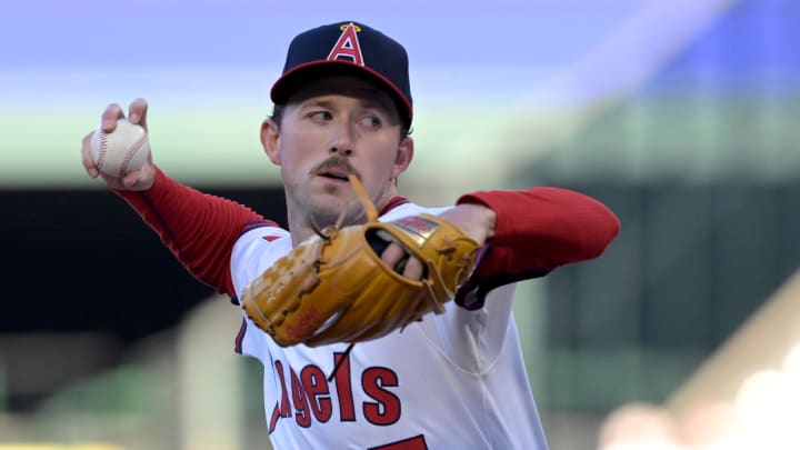 Jul 30, 2024; Anaheim, California, USA;  Los Angeles Angels starting pitcher Griffin Canning (47) delivers to the plate in the first inning against the Colorado Rockies at Angel Stadium. Mandatory Credit: Jayne Kamin-Oncea-USA TODAY Sports