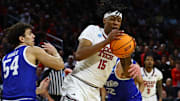 Mar 22, 2025; Wichita, KS, USA; Texas Tech Red Raiders forward JT Toppin (15) controls the ball against Drake Bulldogs forward Daniel Abreu (54) during the first half at Intrust Bank Arena. Mandatory Credit: Nick Tre. Smith-Imagn Images