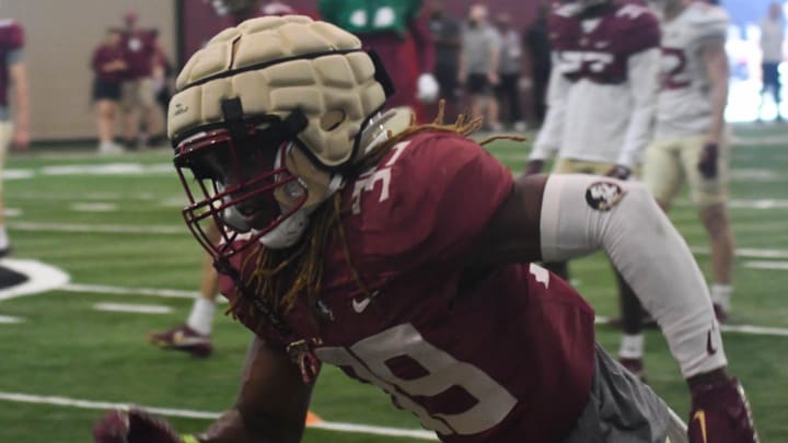 Florida State football players take part in drills during an FSU spring football practice of the 2023 season on Tuesday, April 4, 2023.

Jaden Floyd 1 Of 1