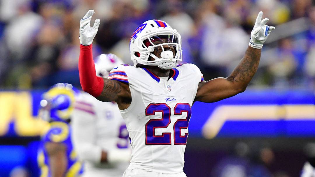 Oct 12, 2026; Inglewood, California, USA;  Buffalo Bills safety C.J. Gardner-Johnson (22) reacts after a play during the second quarter against the Los Angeles Rams at SoFi Stadium. 