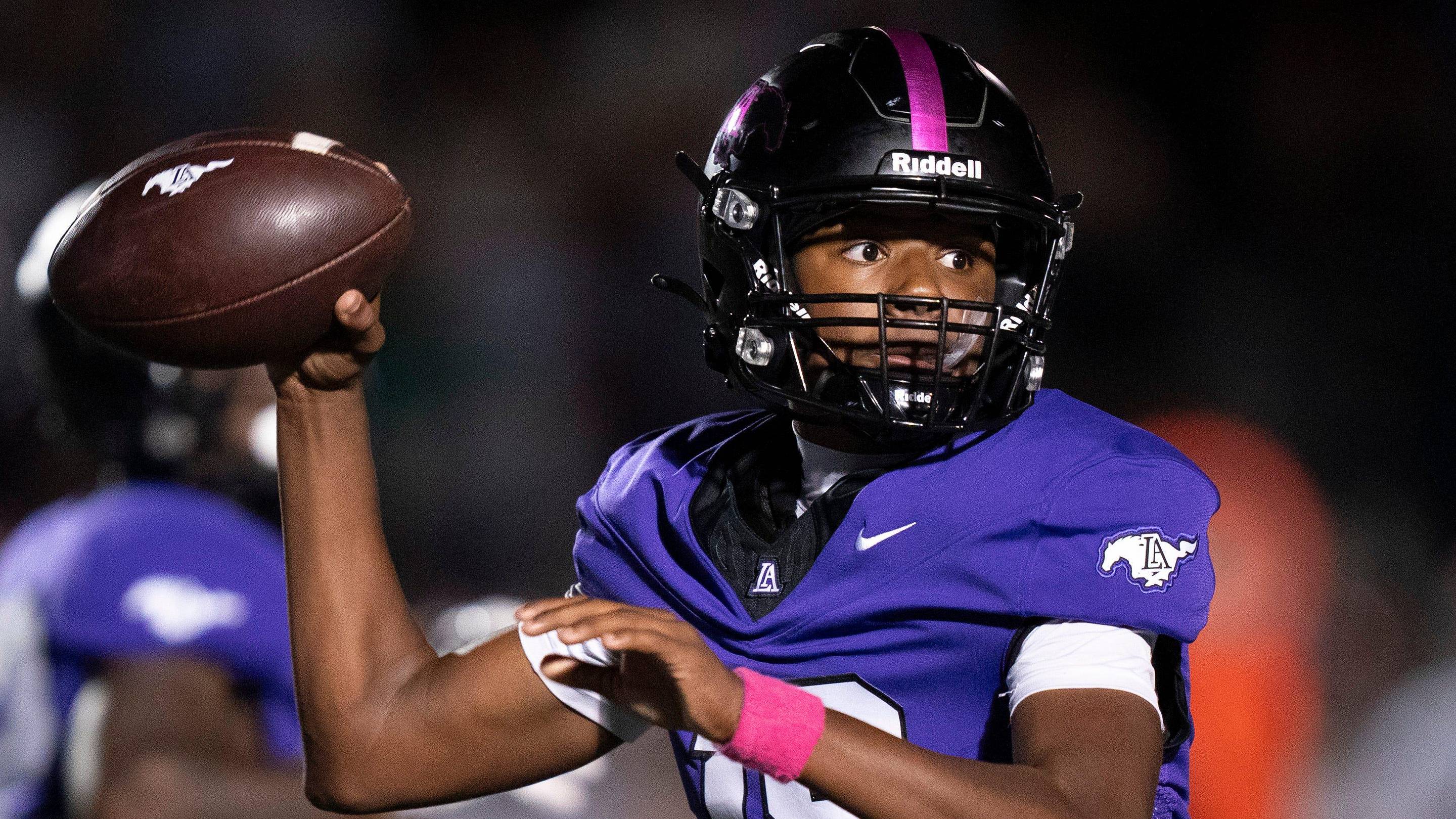 Lipscomb Academy's Ty Snell (18) throws against MBA during their game at Lipscomb Academy in Nashville, Tenn., Friday, Oct. 11, 2024.