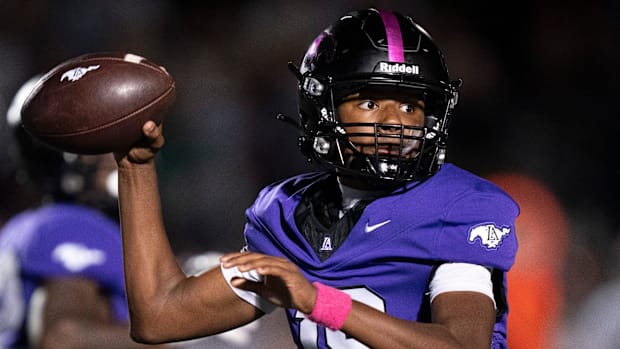 Lipscomb Academy's Ty Snell (18) throws against MBA during their game at Lipscomb Academy in Nashville, Tenn., Friday, Oct. 1
