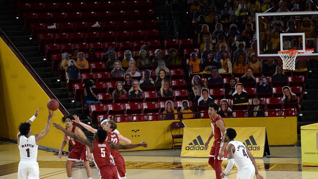 Feb 27, 2021; Tempe, AZ, USA; Arizona State Sun Devils guard Remy Martin (1) takes and makes the game winning shot against the Washington State Cougars during overtime at Desert Financial Arena. Mandatory Credit: Joe Camporeale-Imagn Images