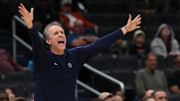 Feb 26, 2025; Washington, District of Columbia, USA; Washington Wizards head coach Brian Keefe gestures from the bench against the Portland Trail Blazers in the second half at Capital One Arena. Mandatory Credit: Geoff Burke-Imagn Images