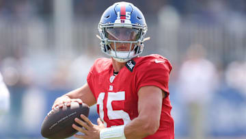 Aug 4, 2025; East Rutherford, NJ, USA; New York Giants quarterback Tommy DeVito (15) looks to pass during training camp at Quest Diagnostics Training Center. Mandatory Credit: Vincent Carchietta-Imagn Images