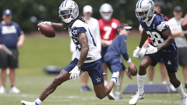 Frisco, TX, USA;  Dallas Cowboys wide receiver CeeDee Lamb (88) runs a drill against cornerback Maurice Canady (28) during voluntary Organized Team Activities at the Ford Center at the Star Training Facility in Frisco, Texas. 