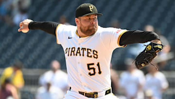 Jun 11, 2025; Pittsburgh, Pennsylvania, USA;  Pittsburgh Pirates closing pitcher David Bednar throws to the Miami Marlins at PNC Park. Mandatory Credit: Philip G. Pavely-Imagn Images