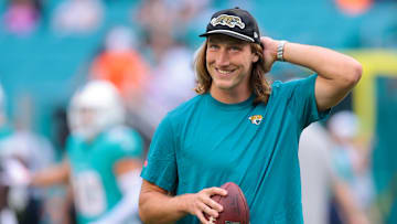 Aug 23, 2025; Miami Gardens, Florida, USA; Jacksonville Jaguars quarterback Trevor Lawrence (16) looks on from the field before the game against the Miami Dolphins at Hard Rock Stadium. Mandatory Credit: Sam Navarro-Imagn Images