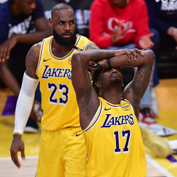 Apr 30, 2025; Los Angeles, California, USA; Los Angeles Lakers forward Dorian Finney-Smith (17) reacts after being called for a foul during the second half in game five of first round for the 2025 NBA Playoffs at Crypto.com Arena. Mandatory Credit: Gary A. Vasquez-Imagn Images