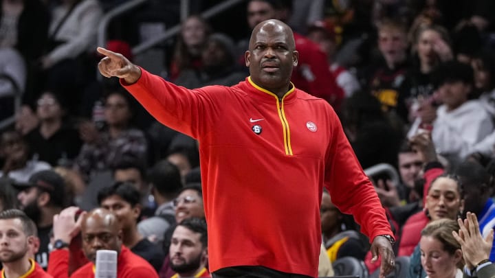 Feb 9, 2023; Atlanta, Georgia, USA; Atlanta Hawks head coach Nate McMillan reacts to a call during the game against the Phoenix Suns during the second half at State Farm Arena. Mandatory Credit: Dale Zanine-USA TODAY Sports