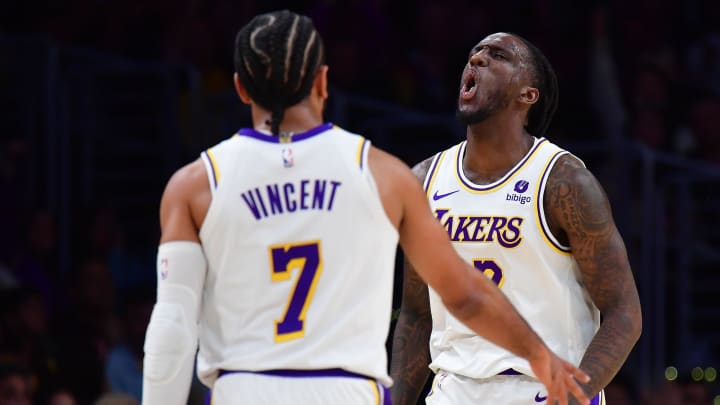 Apr 6, 2024; Los Angeles, California, USA; Los Angeles Lakers forward Taurean Prince (12) reacts after scoring a three point basket against the Cleveland Cavaliers during the first half at Crypto.com Arena. Mandatory Credit: Gary A. Vasquez-USA TODAY Sports