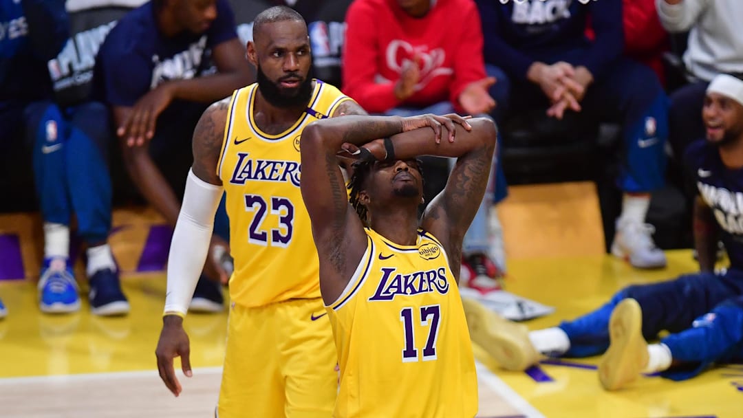 Apr 30, 2025; Los Angeles, California, USA; Los Angeles Lakers forward Dorian Finney-Smith (17) reacts after being called for a foul during the second half in game five of first round for the 2025 NBA Playoffs at Crypto.com Arena. Mandatory Credit: Gary A. Vasquez-Imagn Images Apr 30, 2025; Los Angeles, California, USA; Los Angeles Lakers forward Dorian Finney-Smith (17) reacts after being called for a foul during the second half in game five of first round for the 2025 NBA Playoffs at Crypto.com Arena. Mandatory Credit: Gary A. Vasquez-Imagn Images