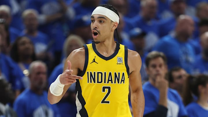 Indiana Pacers guard Andrew Nembhard (2) during Game 7 of the 2025 NBA Finals against the Oklahoma City Thunder.