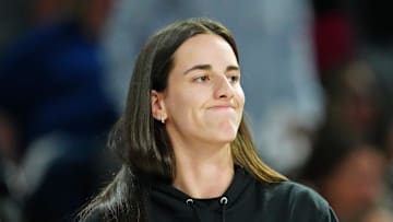Sep 30, 2025; Las Vegas, Nevada, USA; Indiana Fever guard Caitlin Clark (22) reacts from the bench after a play made by the Las Vegas Aces during the fourth quarter of game five of the second round for the 2025 WNBA Playoffs at Michelob Ultra Arena. Mandatory Credit: Stephen R. Sylvanie-Imagn Images