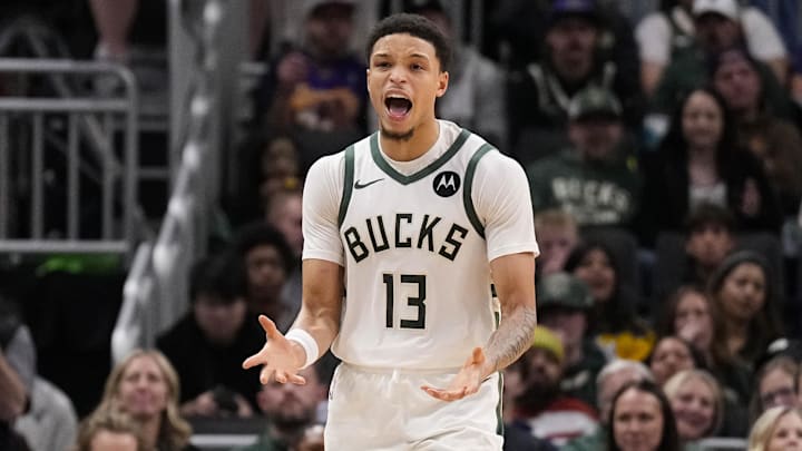 Milwaukee Bucks guard Ryan Rollins (13) reacts after being called for a foul during the third quarter against the Los Angeles Lakers at Fiserv Forum on November 15, 2025.