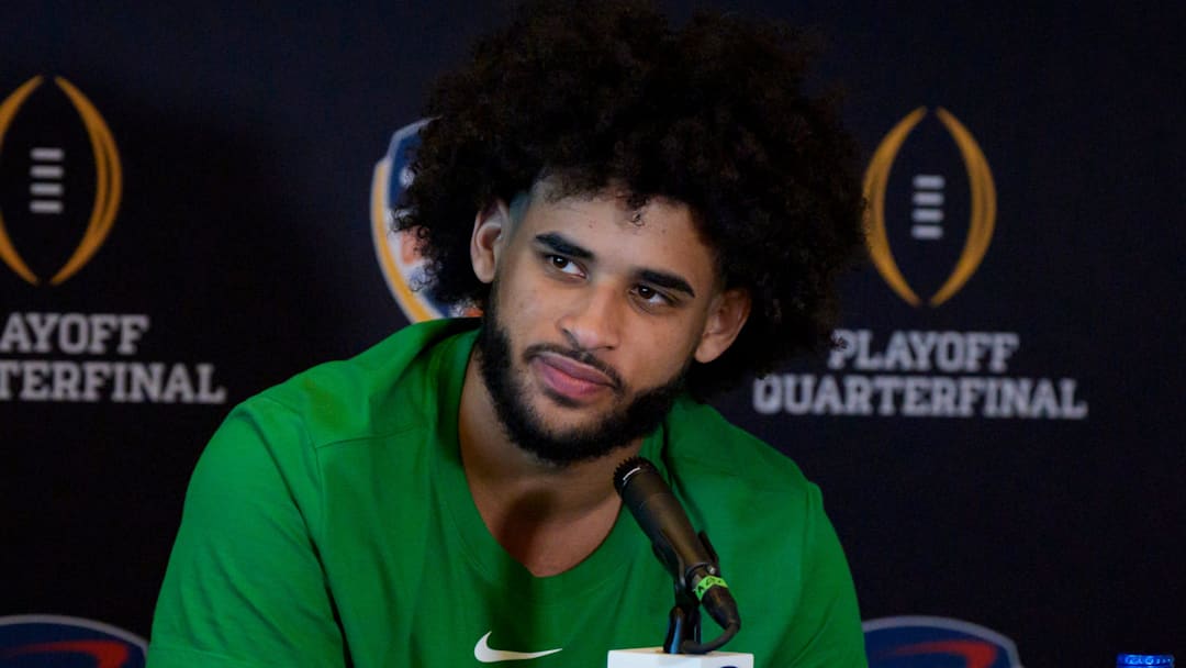 Oregon quarterback Dante Moore speaks during the Oregon Ducks media day ahead of Orange Bowl on Dec. 30, 2025, at Hard Rock Stadium in Miami, Florida. Oregon quarterback Dante Moore speaks during the Oregon Ducks media day ahead of Orange Bowl on Dec. 30, 2025, at Hard Rock Stadium in Miami, Florida.