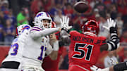 Nov 20, 2025; Houston, Texas, USA; Buffalo Bills quarterback Josh Allen (17) throws a pass against Houston Texans defensive end Will Anderson Jr. (51) in the first quarter at NRG Stadium. Mandatory Credit: Thomas Shea-Imagn Images