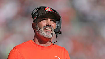 Cleveland Browns head coach Kevin Stefanski is all smiles as he watches running back Nick Chubb score a touchdown during the first half of an NFL football game at Huntington Bank Field, Sunday, Oct. 20, 2024, in Cleveland, Ohio.
