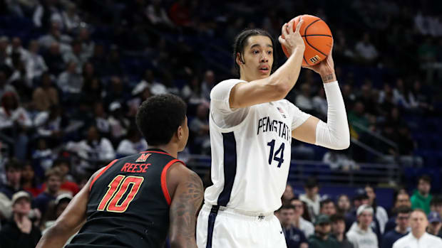 March 1, 2025; University Park, Pennsylvania, USA; Penn State Nittany Lions Forward Yanic Konan Niederhauser (14) seems to happen