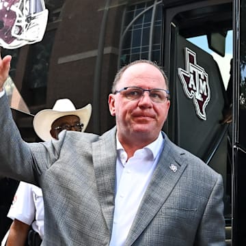 Aug 31, 2024; College Station, Texas, USA; Texas A&M Aggies head coach Mike Elko arrives prior to the game against the Notre Dame Fighting Irish at Kyle Field. Mandatory Credit: Maria Lysaker-USA TODAY Sp