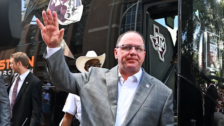 Aug 31, 2024; College Station, Texas, USA; Texas A&M Aggies head coach Mike Elko arrives prior to the game against the Notre Dame Fighting Irish at Kyle Field. Mandatory Credit: Maria Lysaker-USA TODAY Sp