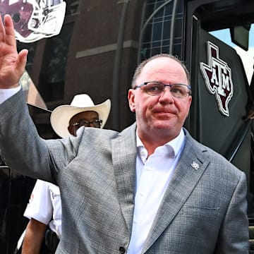 Aug 31, 2024; College Station, Texas, USA; Texas A&M Aggies head coach Mike Elko arrives prior to the game against the Notre Dame Fighting Irish at Kyle Field. Mandatory Credit: Maria Lysaker-USA TODAY Sp