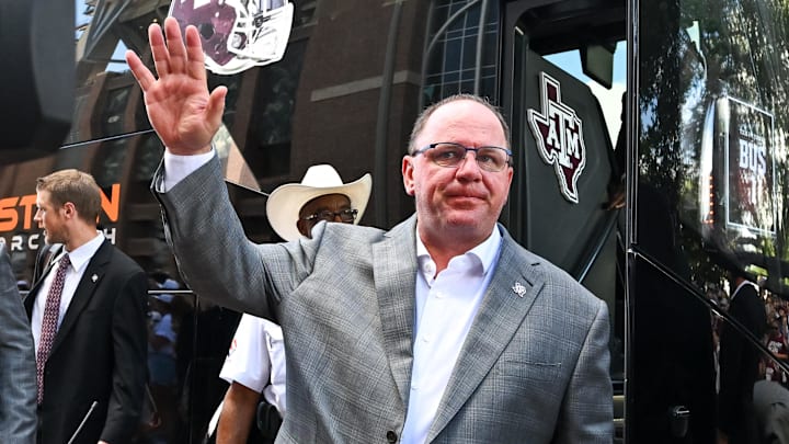 Aug 31, 2024; College Station, Texas, USA; Texas A&M Aggies head coach Mike Elko arrives prior to the game against the Notre Dame Fighting Irish at Kyle Field. Mandatory Credit: Maria Lysaker-USA TODAY Sp