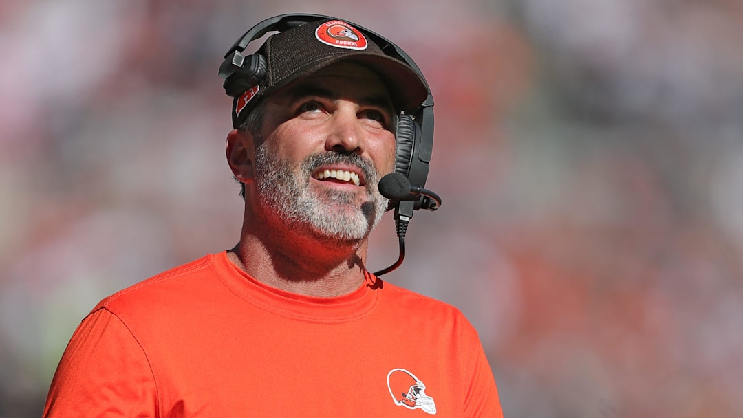 Cleveland Browns head coach Kevin Stefanski is all smiles as he watches running back Nick Chubb score a touchdown during the first half of an NFL football game at Huntington Bank Field, Sunday, Oct. 20, 2024, in Cleveland, Ohio.