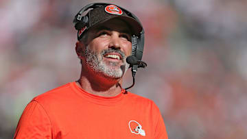 Cleveland Browns head coach Kevin Stefanski is all smiles as he watches running back Nick Chubb score a touchdown during the first half of an NFL football game at Huntington Bank Field, Sunday, Oct. 20, 2024, in Cleveland, Ohio.