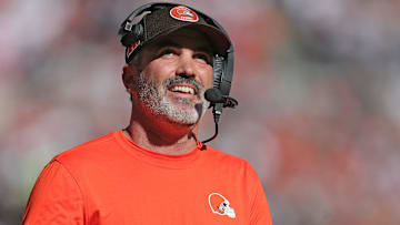 Cleveland Browns head coach Kevin Stefanski is all smiles as he watches running back Nick Chubb score a touchdown during the first half of an NFL football game at Huntington Bank Field.