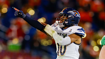 Dec 19, 2023; Frisco, TX, USA; UTSA Roadrunners linebacker Martavius French (10) celebrates after making a tackle against the Marshall Thundering Herd during the third quarter at Toyota Stadium. Mandatory Credit: Andrew Dieb-Imagn Images