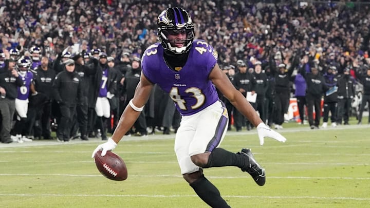 Baltimore Ravens running back Justice Hill (43) scores a touchdown against the Pittsburgh Steelers in the second quarter in an AFC wild card game at M&T Bank Stadium. Baltimore Ravens running back Justice Hill (43) scores a touchdown against the Pittsburgh Steelers in the second quarter in an AFC wild card game at M&T Bank Stadium.