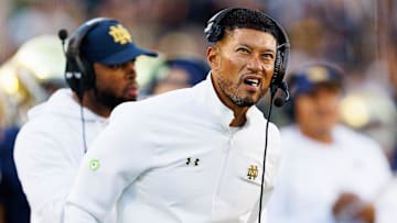 Notre Dame head coach Marcus Freeman looks on in the second half of a NCAA football game against NC State at Notre Dame Stadium on Saturday, Oct. 11, 2025, in South Bend.