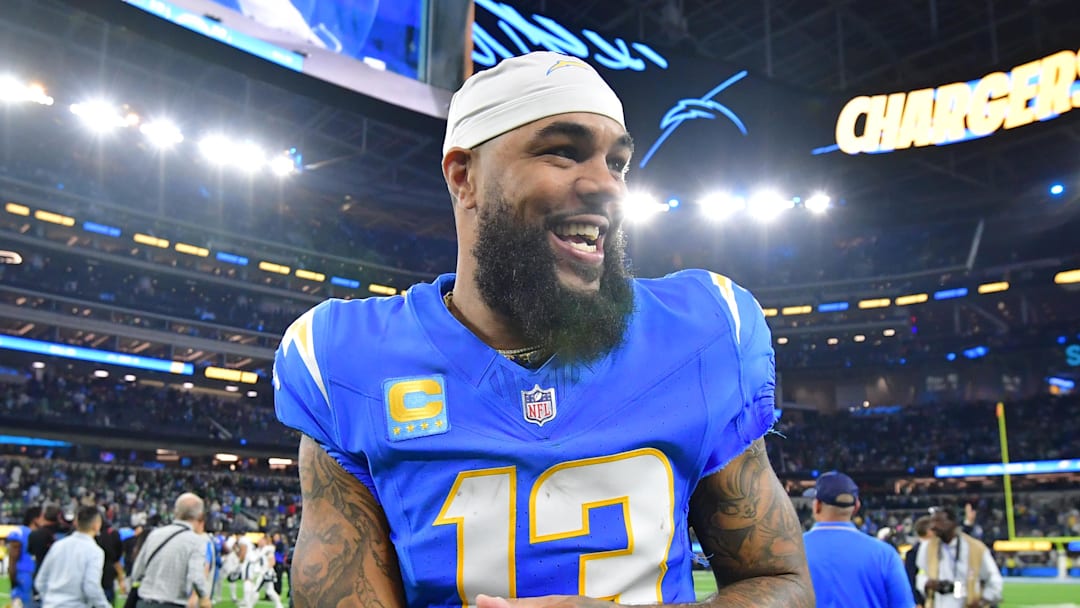 Dec 8, 2025; Inglewood, California, USA; Los Angeles Chargers wide receiver Keenan Allen (13) celebrates after defeating the Philadelphia Eagles at SoFi Stadium. Mandatory Credit: Gary A. Vasquez-Imagn Images